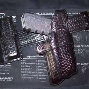 My G22 w/TLR-1 Tac Light in Aker Leather Nightguard holster. Aker belt and double mag pouch in basket weave.