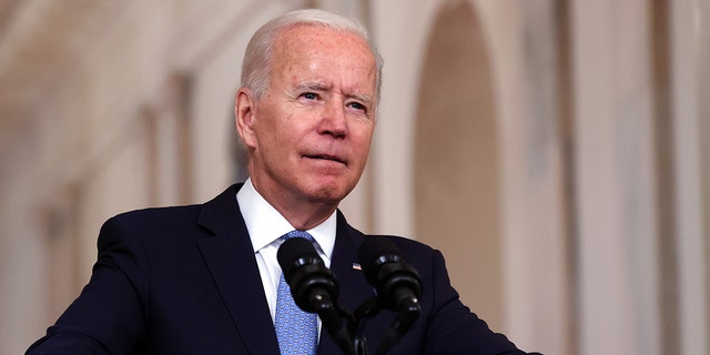 President Biden delivers remarks on the end of the war in Afghanistan from the State Dining Room at the White House on Aug. 31, 2021. 